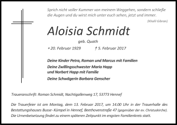 Anzeige von Aloisia Schmidt von Kölner Stadt-Anzeiger / Kölnische Rundschau / Express