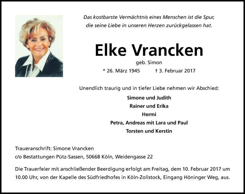  Traueranzeige für Elke Vrancken vom 08.02.2017 aus Kölner Stadt-Anzeiger / Kölnische Rundschau / Express