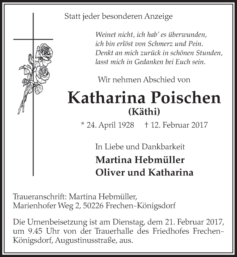  Traueranzeige für Katharina Poischen vom 18.02.2017 aus  Sonntags-Post 