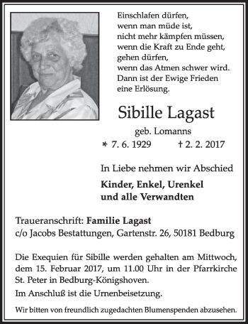 Anzeige von Sibille Lagast von  Sonntags-Post 
