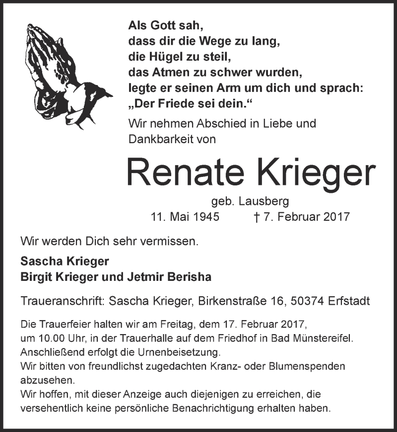  Traueranzeige für Renate Krieger vom 15.02.2017 aus  Werbepost 