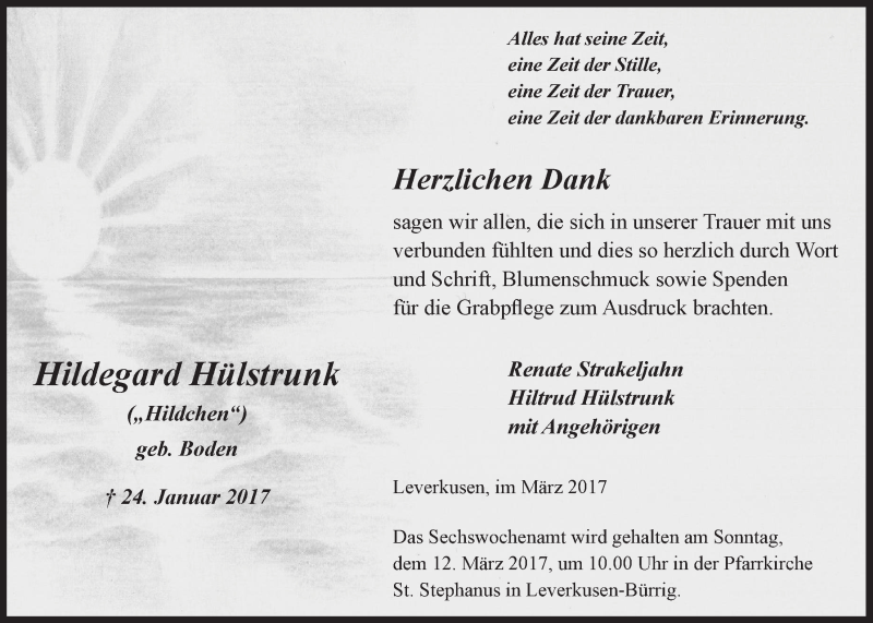  Traueranzeige für Hildegard Hülstrunk vom 01.03.2017 aus  Lokale Informationen 