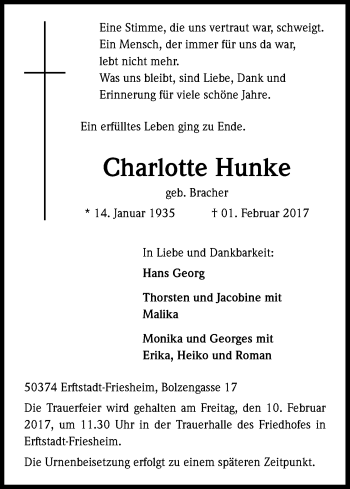 Anzeige von Charlotte Hunke von Kölner Stadt-Anzeiger / Kölnische Rundschau / Express