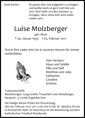 Anzeige von Luise Molzberger von Kölner Stadt-Anzeiger / Kölnische Rundschau / Express