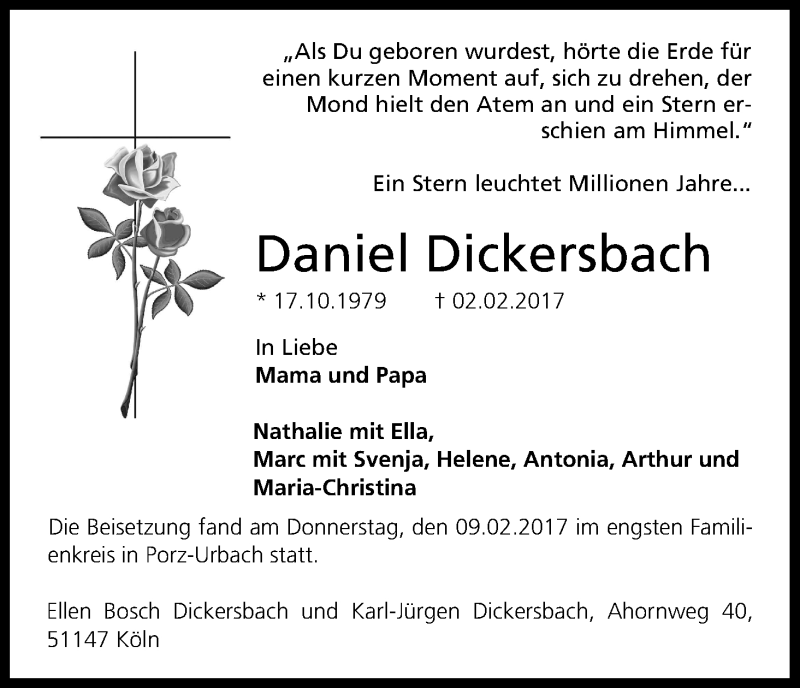  Traueranzeige für Daniel Dickersbach vom 11.02.2017 aus Kölner Stadt-Anzeiger / Kölnische Rundschau / Express