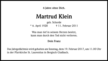 Anzeige von Martrud Klein von Kölner Stadt-Anzeiger / Kölnische Rundschau / Express