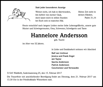 Anzeige von Hannelore Andersson von Kölner Stadt-Anzeiger / Kölnische Rundschau / Express