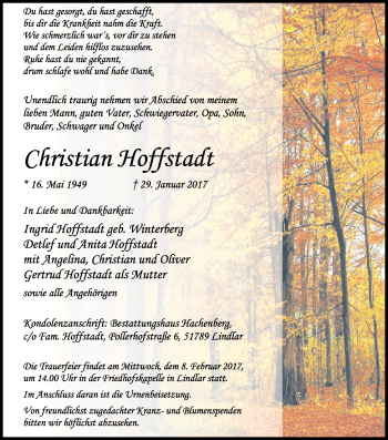 Anzeige von Christian Hoffstadt von Kölner Stadt-Anzeiger / Kölnische Rundschau / Express
