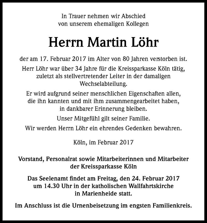  Traueranzeige für Martin Löhr vom 24.02.2017 aus Kölner Stadt-Anzeiger / Kölnische Rundschau / Express