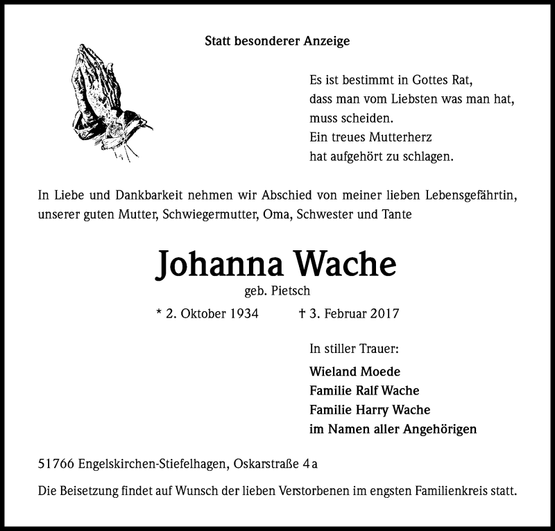  Traueranzeige für Johanna Wache vom 07.02.2017 aus Kölner Stadt-Anzeiger / Kölnische Rundschau / Express