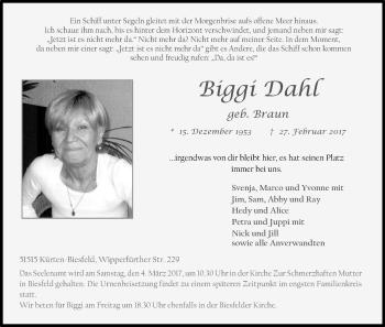 Anzeige von Biggi Dahl von Kölner Stadt-Anzeiger / Kölnische Rundschau / Express