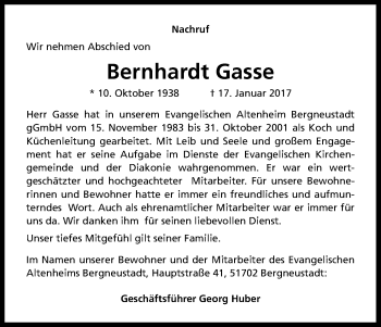 Anzeige von Bernhardt Gasse von Kölner Stadt-Anzeiger / Kölnische Rundschau / Express