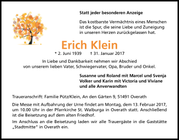 Anzeige von Erich Klein von Kölner Stadt-Anzeiger / Kölnische Rundschau / Express