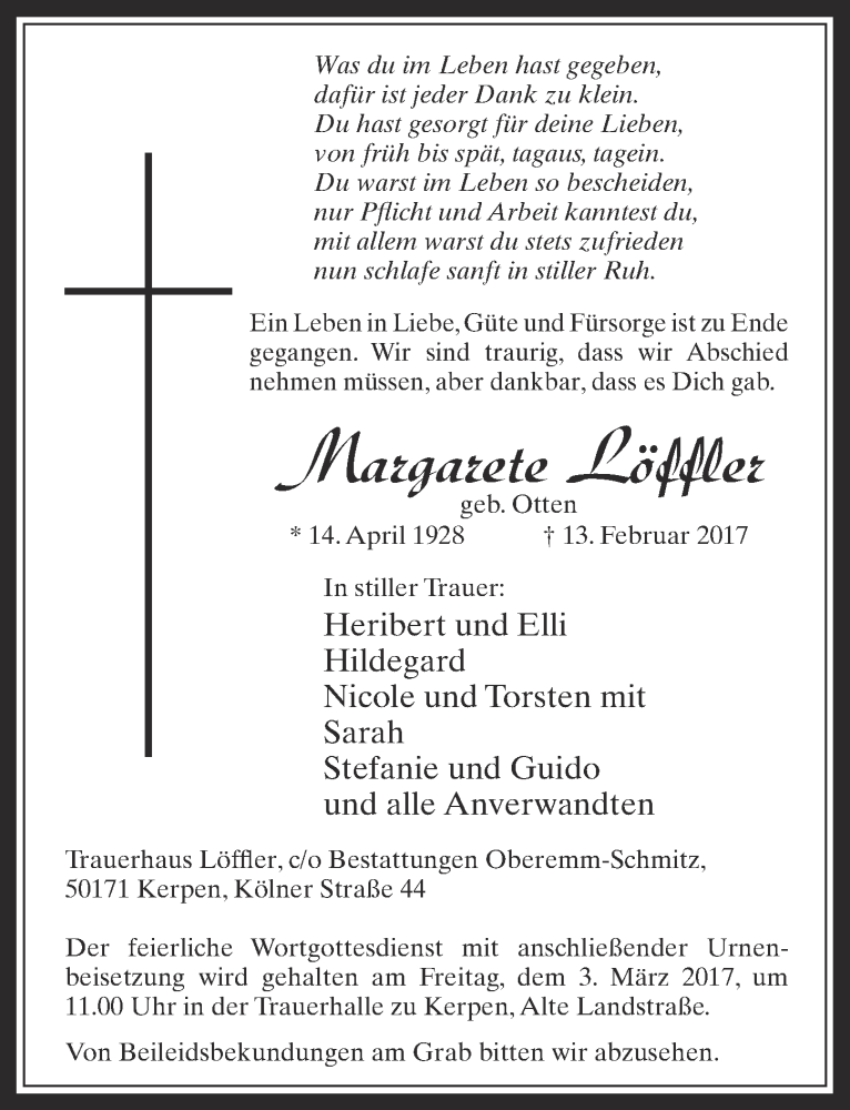  Traueranzeige für Margarete Löffler vom 22.02.2017 aus  Werbepost 