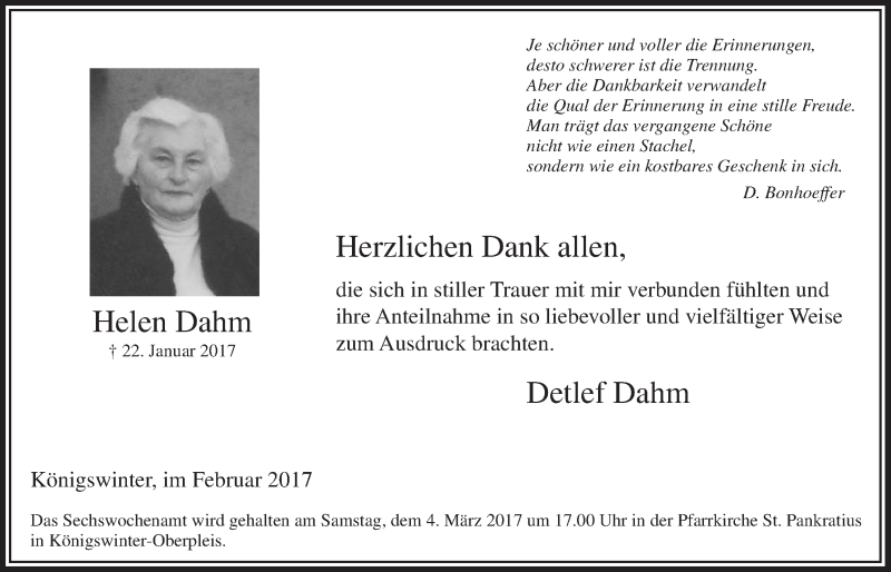  Traueranzeige für Helen Dahm vom 15.02.2017 aus  Extra Blatt 