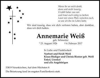 Anzeige von Annemarie Weiß von Kölner Stadt-Anzeiger / Kölnische Rundschau / Express