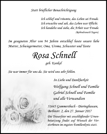 Anzeige von Rosa Schnell von  Lokalanzeiger 