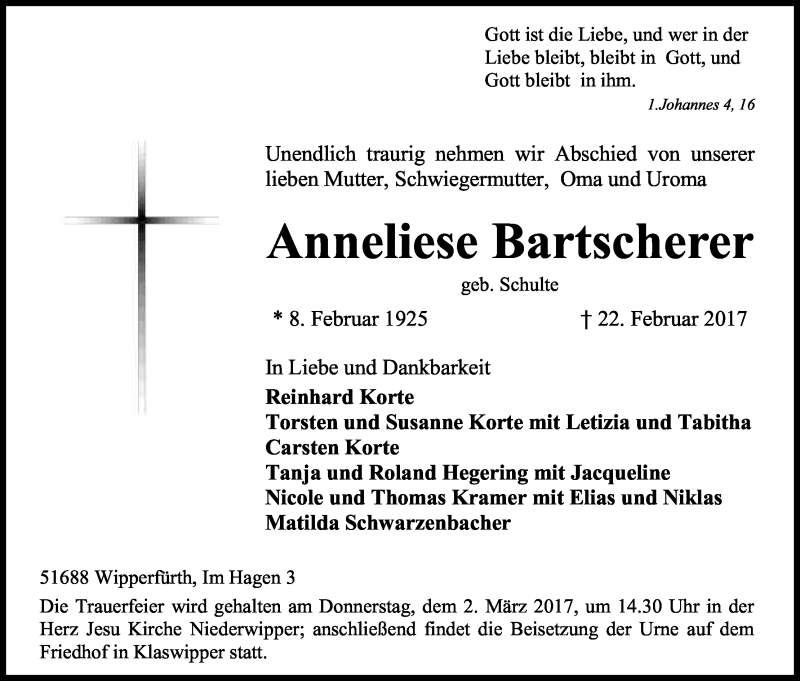  Traueranzeige für Anneliese Bartscherer vom 25.02.2017 aus Kölner Stadt-Anzeiger / Kölnische Rundschau / Express