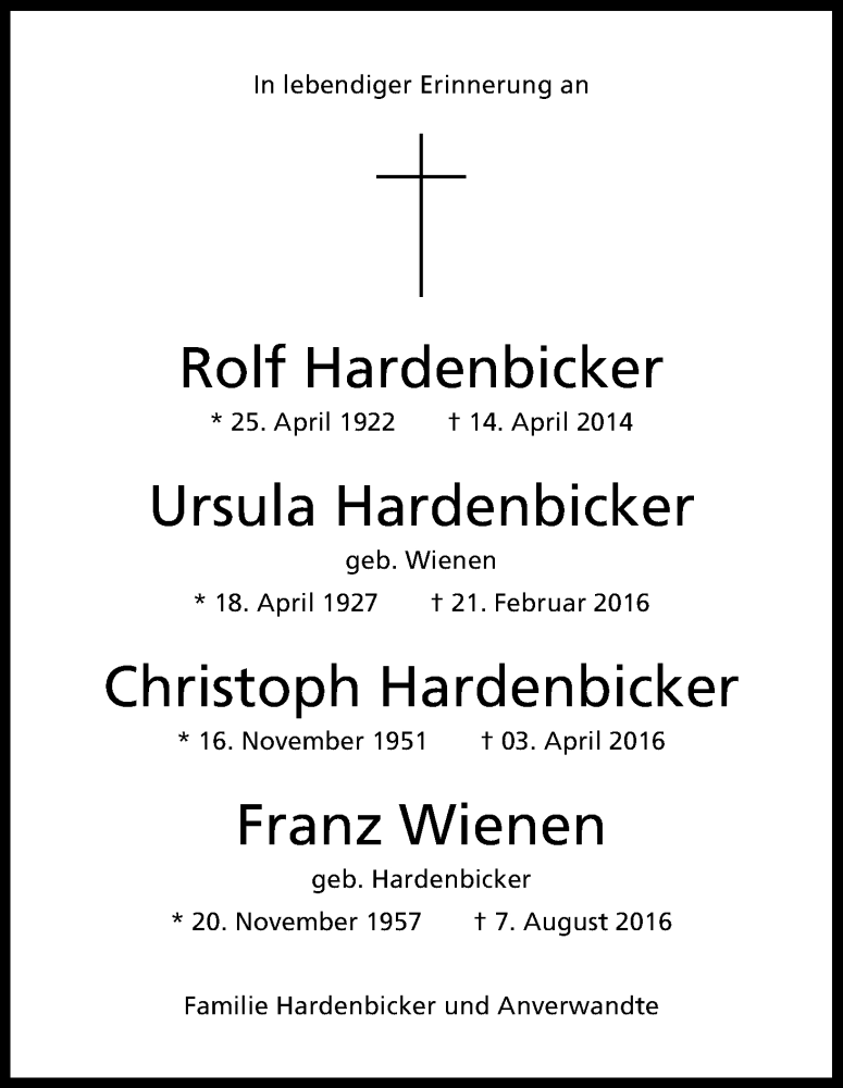  Traueranzeige für Rolf Hardenbicker vom 18.02.2017 aus Kölner Stadt-Anzeiger / Kölnische Rundschau / Express