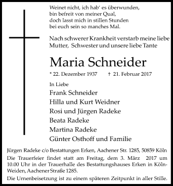 Anzeige von Maria Schneider von Kölner Stadt-Anzeiger / Kölnische Rundschau / Express