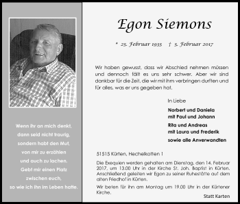 Anzeige von Egon Siemons von Kölner Stadt-Anzeiger / Kölnische Rundschau / Express