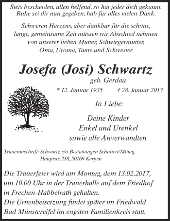 Anzeige von Josefa  Schwartz von  Wochenende 