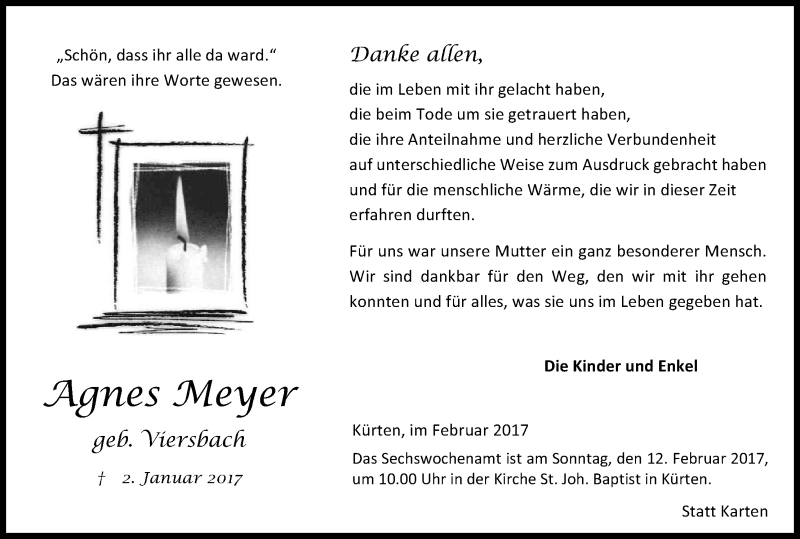  Traueranzeige für Agnes Meyer vom 04.02.2017 aus Kölner Stadt-Anzeiger / Kölnische Rundschau / Express