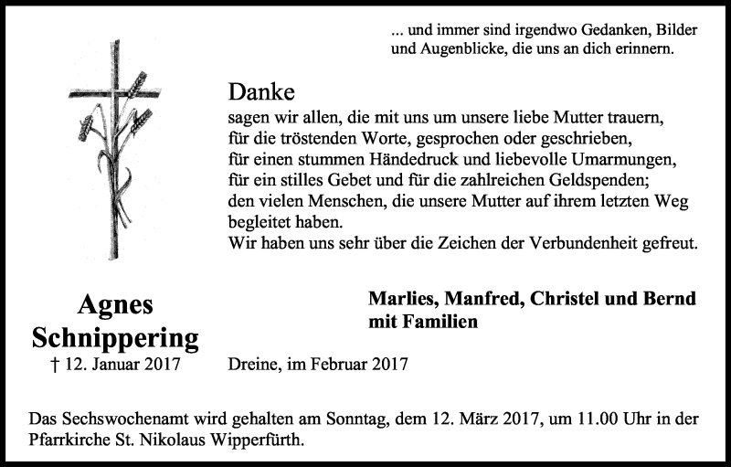  Traueranzeige für Agnes Schnippering vom 25.02.2017 aus Kölner Stadt-Anzeiger / Kölnische Rundschau / Express