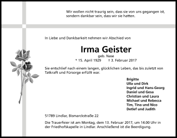 Anzeige von Irma Geister von Kölner Stadt-Anzeiger / Kölnische Rundschau / Express