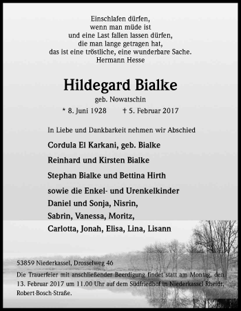 Anzeige von Hildegard Bialke von Kölner Stadt-Anzeiger / Kölnische Rundschau / Express