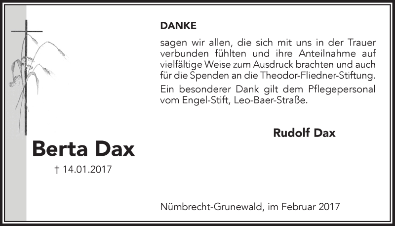  Traueranzeige für Berta Dax vom 22.02.2017 aus  Lokalanzeiger 