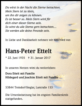 Anzeige von Hans-Peter Ettelt von Kölner Stadt-Anzeiger / Kölnische Rundschau / Express