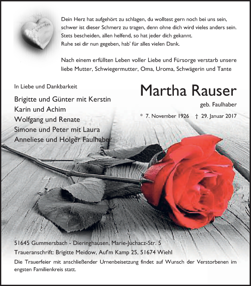  Traueranzeige für MArtha Rauser vom 08.02.2017 aus  Anzeigen Echo 