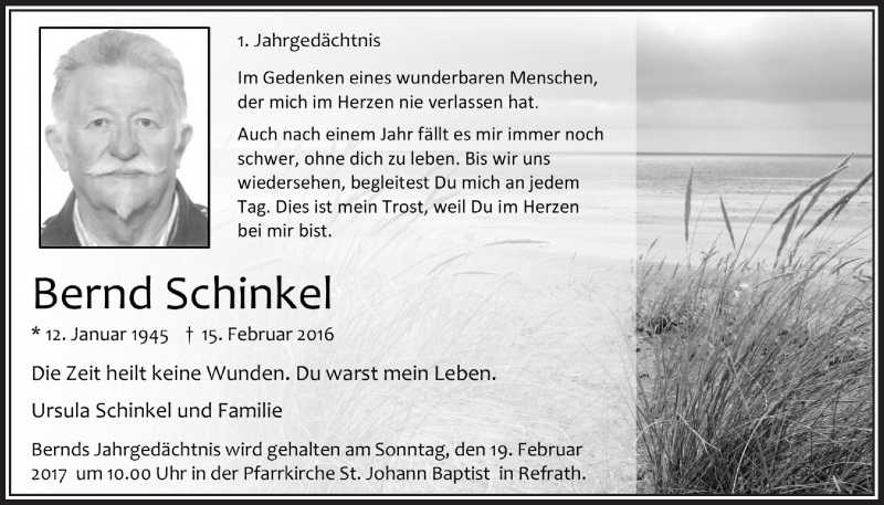  Traueranzeige für Bernd Schinkel vom 15.02.2017 aus  Bergisches Handelsblatt 