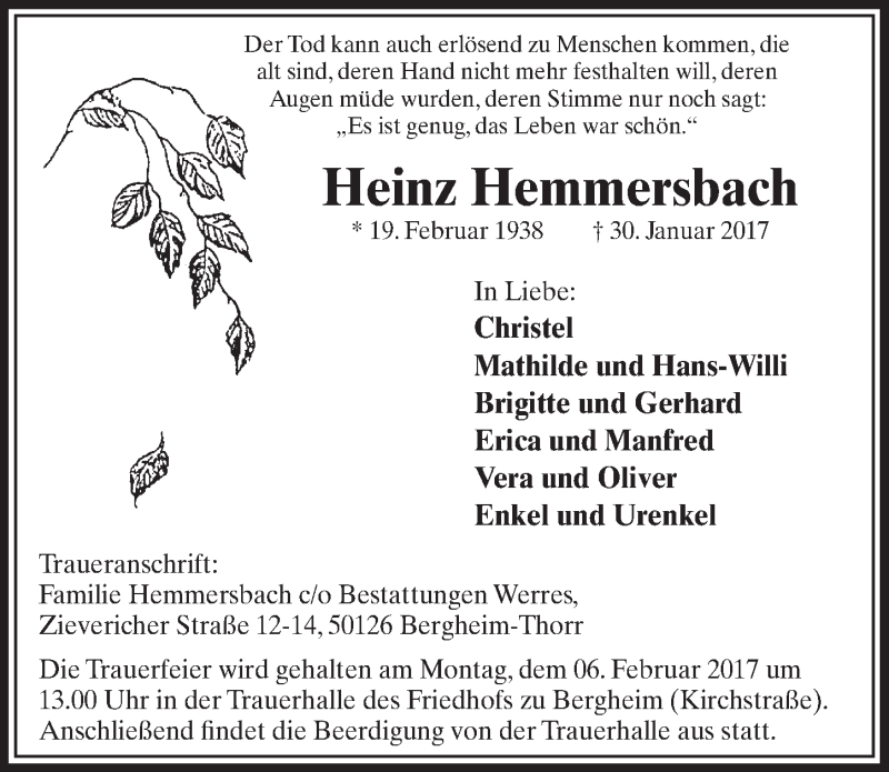  Traueranzeige für Heinz Hemmersbach vom 04.02.2017 aus  Sonntags-Post 