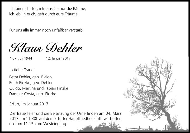  Traueranzeige für Klaus Dehler vom 04.02.2017 aus Kölner Stadt-Anzeiger / Kölnische Rundschau / Express