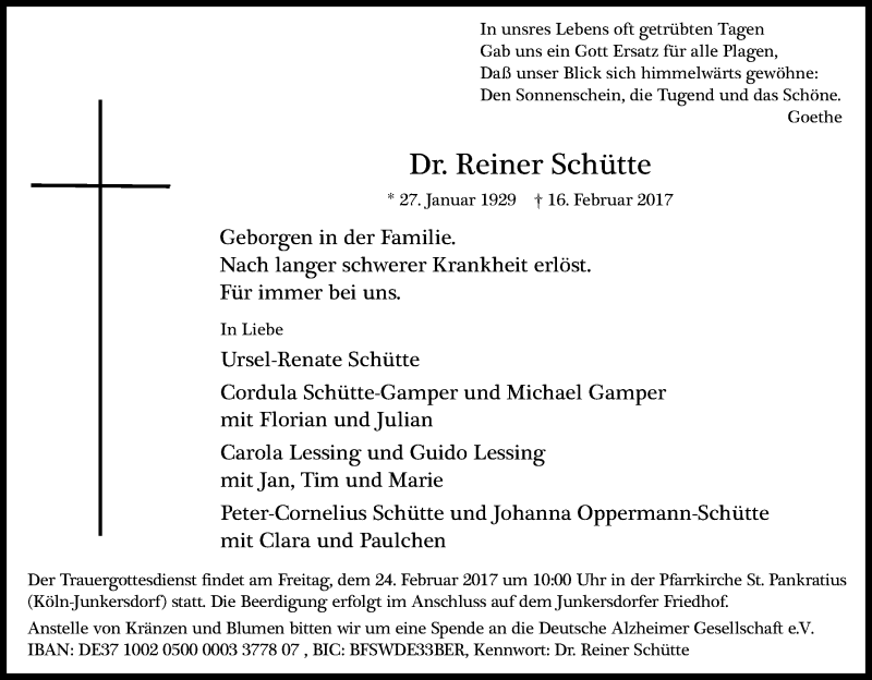  Traueranzeige für Reiner Schütte vom 22.02.2017 aus Kölner Stadt-Anzeiger / Kölnische Rundschau / Express
