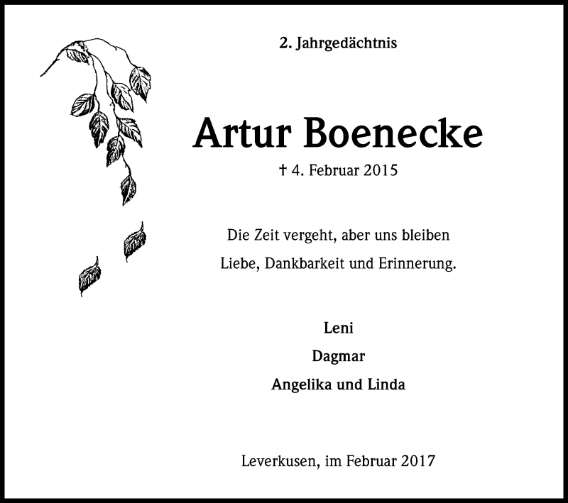  Traueranzeige für Artur Boenecke vom 04.02.2017 aus Kölner Stadt-Anzeiger / Kölnische Rundschau / Express