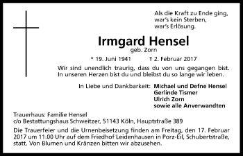 Anzeige von Irmgard Hensel von Kölner Stadt-Anzeiger / Kölnische Rundschau / Express