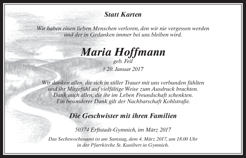  Traueranzeige für Maria Hoffmann vom 01.03.2017 aus  Werbepost 