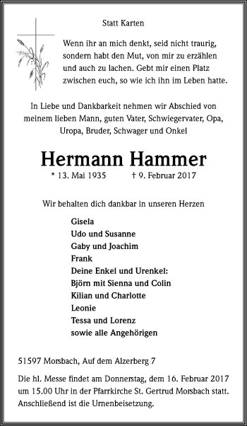 Anzeige von Hermann Hammer von Kölner Stadt-Anzeiger / Kölnische Rundschau / Express