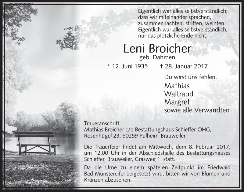  Traueranzeige für Leni Broicher vom 04.02.2017 aus  Sonntags-Post 
