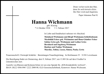 Anzeige von Hanna Wichmann von Kölner Stadt-Anzeiger / Kölnische Rundschau / Express