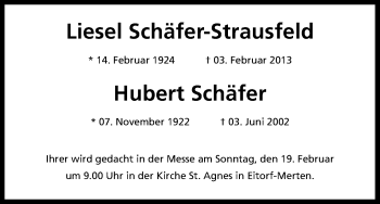 Anzeige von Liesel und Hubert Schäfer von Kölner Stadt-Anzeiger / Kölnische Rundschau / Express