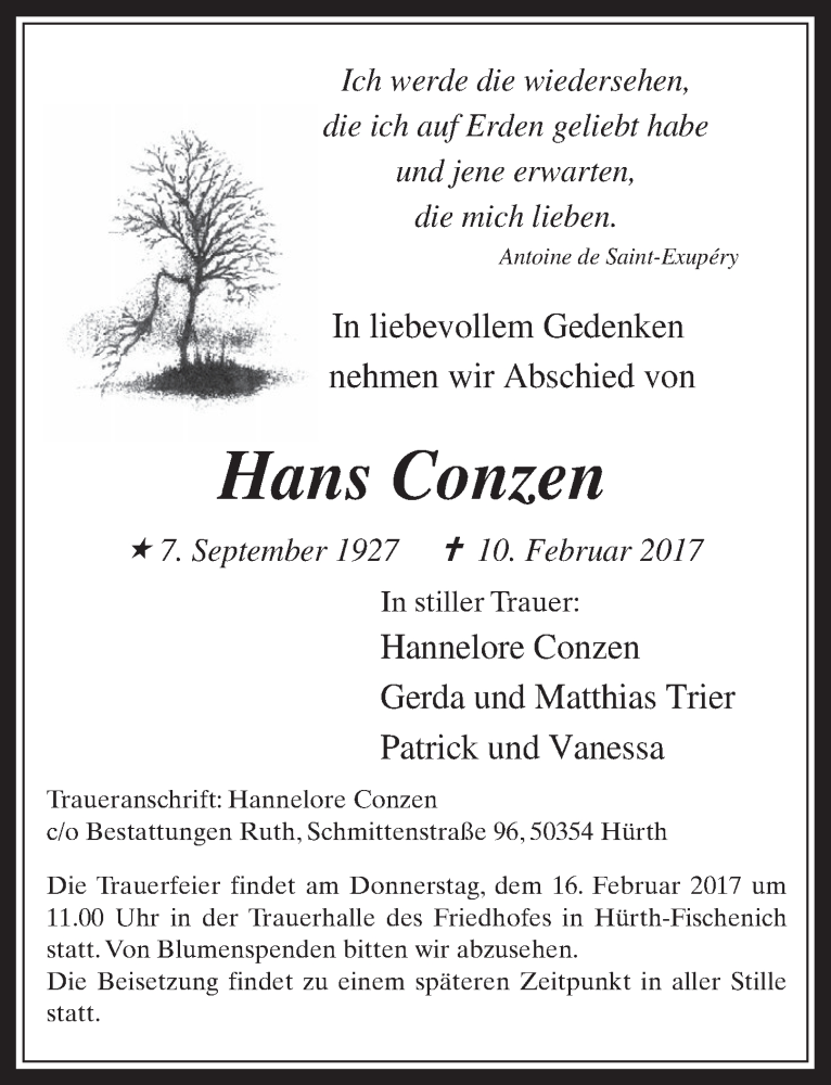  Traueranzeige für Hans Conzen vom 15.02.2017 aus  Wochenende 