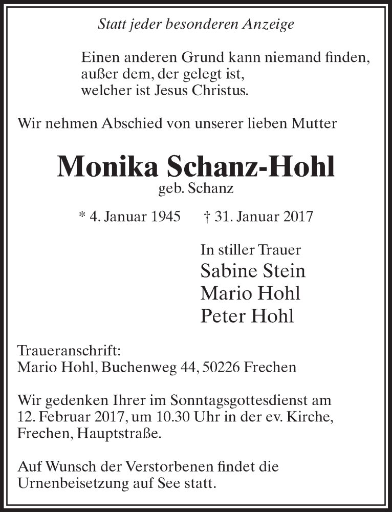  Traueranzeige für Monika Schanz-Hohl vom 04.02.2017 aus  Sonntags-Post 