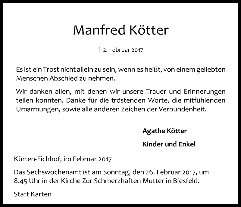  Traueranzeige für Manfred Kötter vom 18.02.2017 aus Kölner Stadt-Anzeiger / Kölnische Rundschau / Express