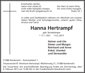 Anzeige von Hanna Hertrampf von  Lokalanzeiger 