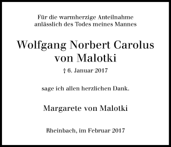 Anzeige von Wolfgang Norbert Carolus von Malotki von Kölner Stadt-Anzeiger / Kölnische Rundschau / Express