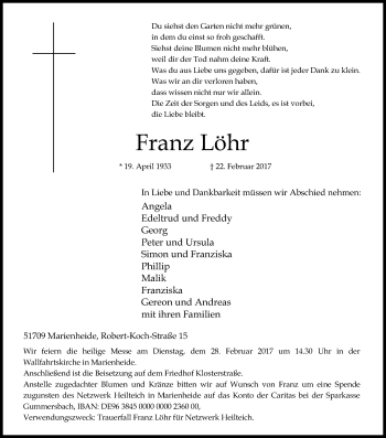 Anzeige von Franz Löhr von Kölner Stadt-Anzeiger / Kölnische Rundschau / Express